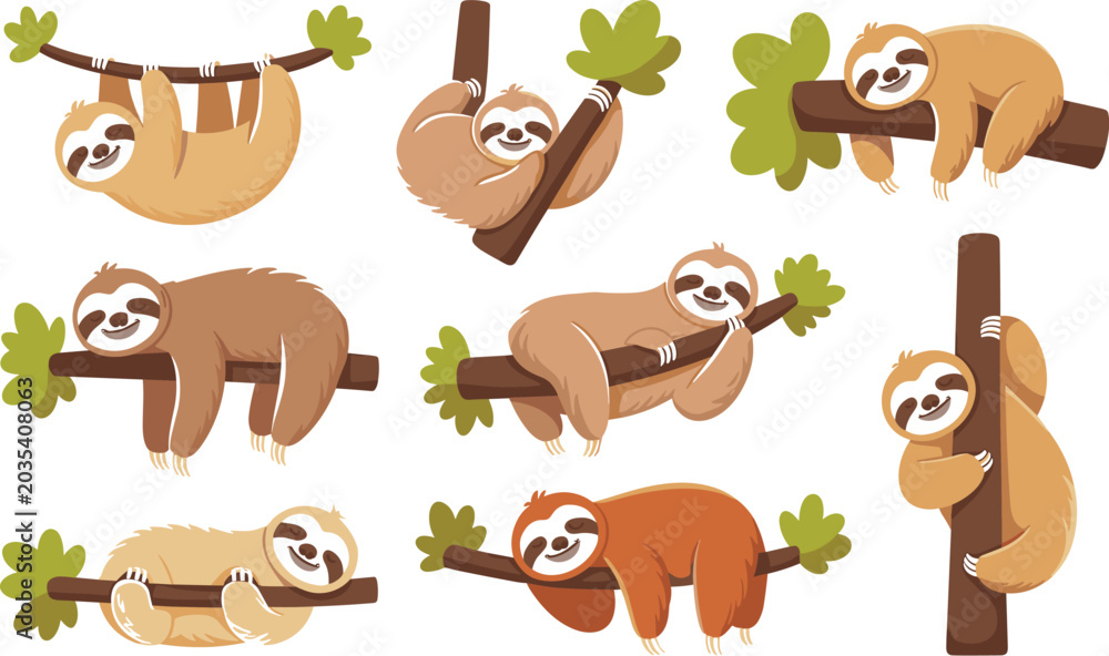 Fototapeta premium Cute Cartoon Sloth Vector Character Set with Playful Wild Animals Sleeping Hanging and Climbing on Tree Branches for Children Sticker and Nursery Designs