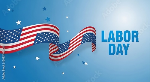 Labor Day Celebration with Waving American Flag Ribbon and Stars on Blue Sky Background