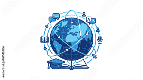 Global Communication and Education Concept: Earth Globe with Network, Icons, Speech Bubbles, Book, Graduation Cap