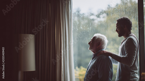Elderly man and caregiver standing by rainy window, gentle support and quiet companionship in soft natural light