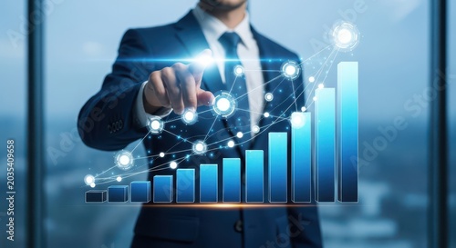 Business professional interacting with a glowing digital graph and data points financial growth concept