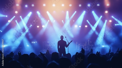 Musician performs on concert stage with spotlighted crowd