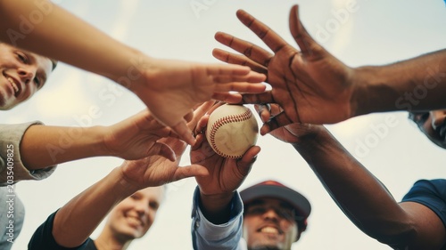 Low angle view of a diverse group of friends with hands huddled together holding a baseball as a symbol of teamwork and unity