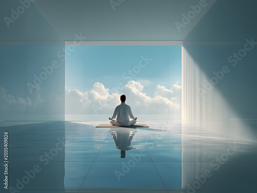 Serene meditation yoga relaxation peaceful aura calm mindfulness breath wellness tranquil sky clouds
