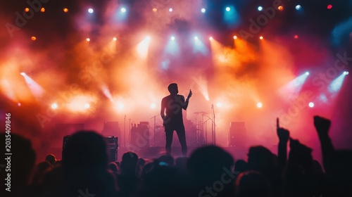 Musician performs on concert stage with crowd silhouette