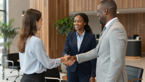 Hotel Reception Team – Professional Handshake and Warm Welcome in Modern Lobby for Hospitality Marketing and Travel Industry Content