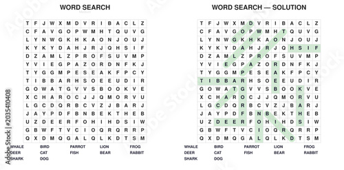 Animals Word Search Puzzle. Educational vocabulary activity with answer key. Printable worksheet for kids