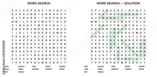 Animals Word Search Puzzle. Printable vocabulary activity with answer key. Kids educational game