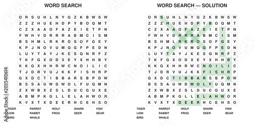 Animals Word Search Puzzle. Printable vocabulary activity for kids. Homeschool and classroom worksheet
