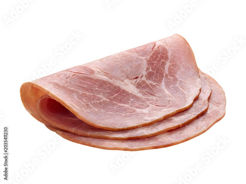 Sliced pink ham on white background
