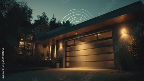 Modern Smart Garage Door at Night with Wireless Signal Indicator. AI generated image