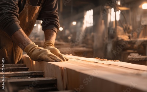 Craftsman Cutting Thin Wood Veneer in Workshop with Layered Grain and Soft Lighting for Authentic Atmosphere