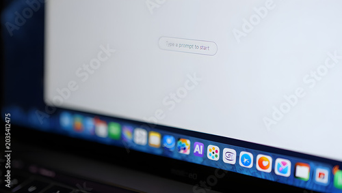 Close-up of Laptop Screen with Dock: A close-up view of a laptop screen showcasing the taskbar dock with various app icons, a digital notepad indicating Tap or click to start.