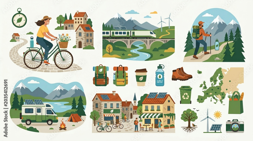 Naklejka premium A collection of flat design illustrations depicting sustainable travel, outdoor activities, and eco-friendly living in charming European villages and natural landscapes