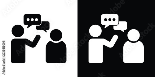 Business interaction icon featuring two individuals talking with speech bubbles. Perfect for communication, customer service, consulting, and collaboration themes.