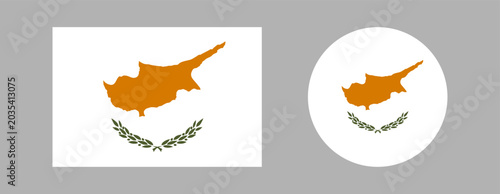 Cyprus flag badge, icon in circle, rectangle shapes. Rectangular, round National Cypriot flag, ensign button, sticker set. Cyprus entirety shape of island, two olive branches below on a white.