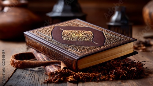 Traditional Leather Bound Jou Book Embellished with Intricate Patterns and Set in a Rustic Heritage Scene