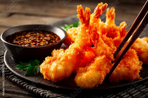 Crispy Golden Fried Shrimp Tempura with Dipping Sauce Served on Rustic Wooden Table
