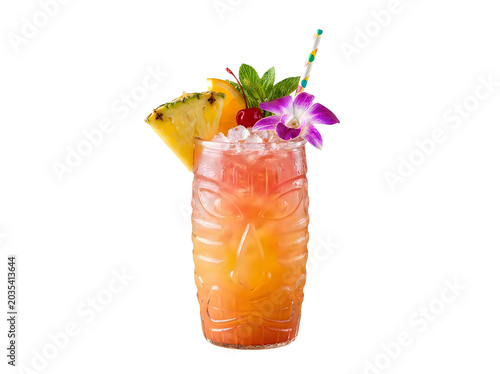 Delicious cocktail with pineapple, cherry, and flower garnish