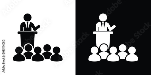 Картината върху платно Public speaking icon showing a businessman at a podium addressing an audience