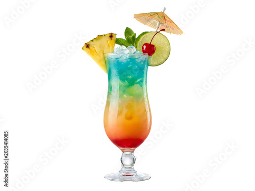 Colorful tropical cocktail with umbrella and fruit