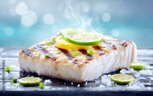 Grilled Mahi Mahi with Citrus Garnish and Fresh Ingredients on a Platter Surrounded by Tropical Ambiance