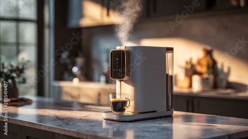 Premium Smart Coffee Maker Brewing Espresso on Marble Kitchen Counter. AI generated image