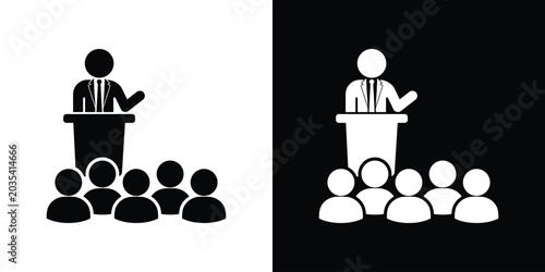 Tableau sur toile Public speaking icon showing a businessman at a podium addressing an audience