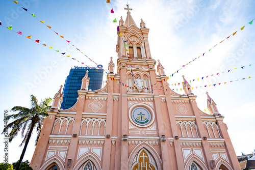 Da Nang Pink Cathedral Church, a Catholic Church in Danang. Landmark and popular for tourist attraction in Da Nang, Vietnam.