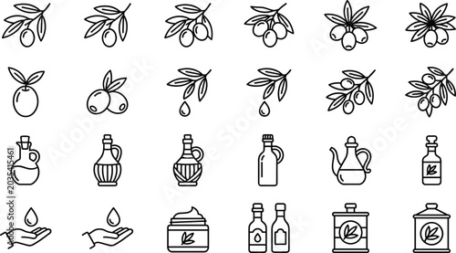 Bild auf Leinwand Olive Oil and Organic Agriculture Line Icon Set with Olive Branch Outline Symbol