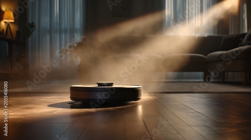 Autonomous Robot Vacuum Cleaner Scanning Hardwood Floor in Modern Living Room. AI generated image