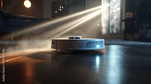 Autonomous Robot Vacuum Cleaner Scanning Hardwood Floor in Modern Living Room. AI generated image