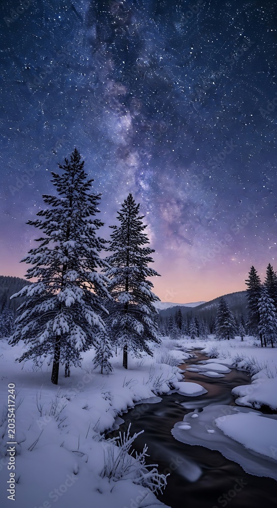 Fototapeta premium Milky way over snowy pine trees and frozen river at night