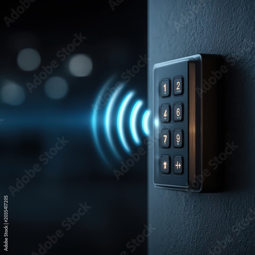 Sleek Smart Home Security Keypad with Glowing Blue Buttons on Dark Wall. AI generated image