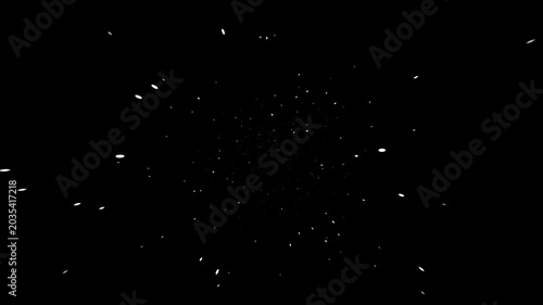 A dense cluster of white particles explodes outward from a central point against a stark black background, creating a sense of energetic expansion and cosmic movement.