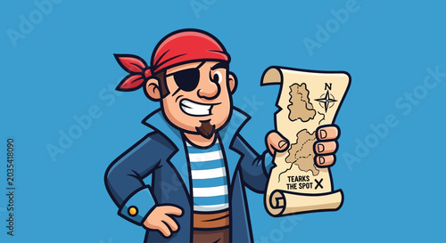 Canvas Print Pirate Cartoon Character with Treasure Map Vector Mascot Design