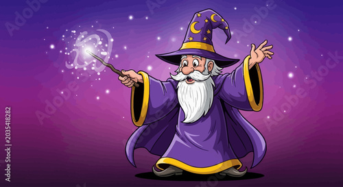 Obraz na plátně Minimalist Cartoon Wizard with Long White Beard Editable Vector Graphic