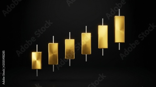 3d render of golden candlestick chart showing upward trend on black background, financial growth and stock market investment concept
