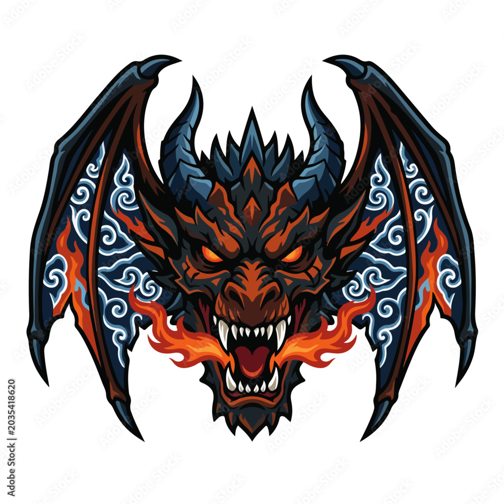 Fototapeta premium ornate fire breathing dragon head mascot vector graphic template