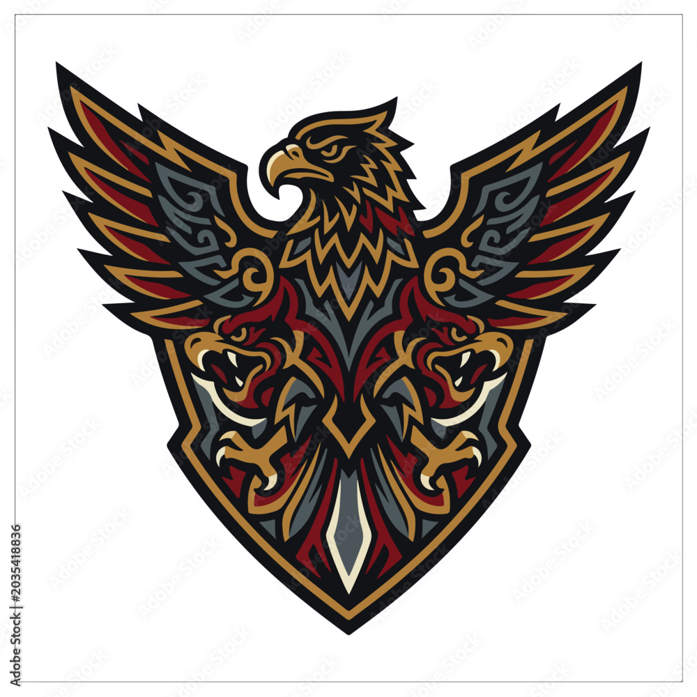 Obraz premium ornate tribal dual eagle mascot shield vector logo template