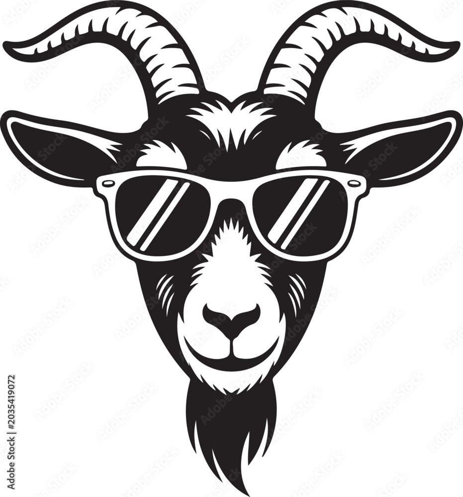 Fototapeta premium Cool goat head with sunglasses, detailed animal portrait on transparent background