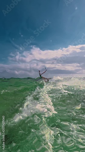  A teenage boy kitesurfs in crystal clear water on a tropical island on a sunny day. Extreme sports