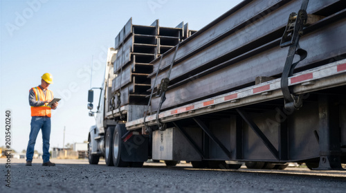 Construction worker using a digital tablet to inspect a flatbed truck loaded with steel ibeams at a construction site