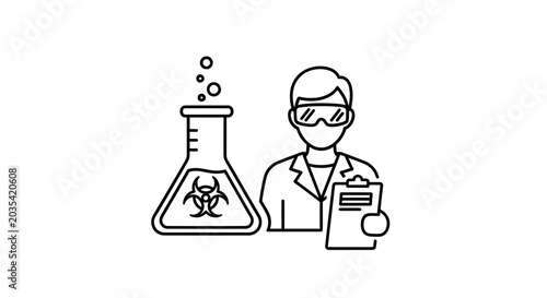 Scientist in Lab Coat and Goggles with Biohazard Flask and Clipboard