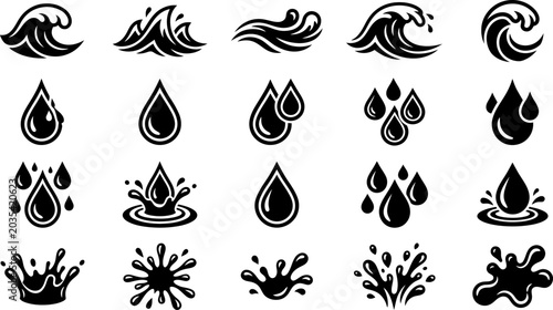 Tableau sur toile Collection of various water wave and droplet icons in black color