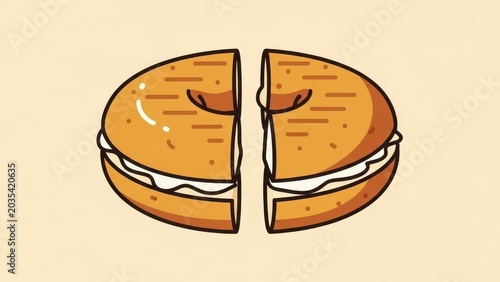 Simple illustration of a bagel sandwich cut in half.