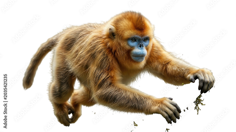 Fototapeta premium Golden snub-nosed monkey with vibrant orange fur and a distinct blue face, captured in a dynamic leaping pose against a solid black background