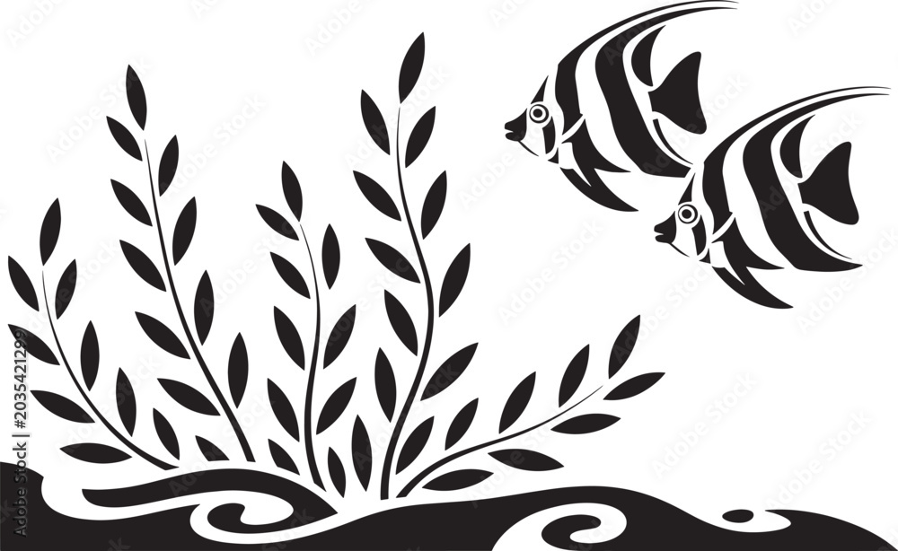 Fototapeta premium Angel fish swimming near aquatic plants silhouette decorative underwater wildlife scene vector graphic