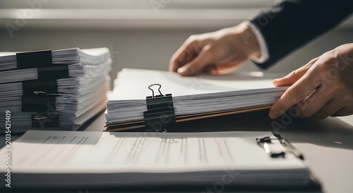 Hands sorting through a large stack of office documents