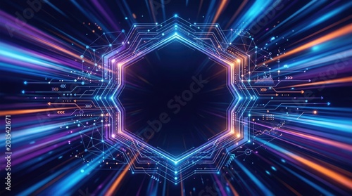 Abstract Hexagonal Portal with Neon Light Streaks and Digital Circuitry.